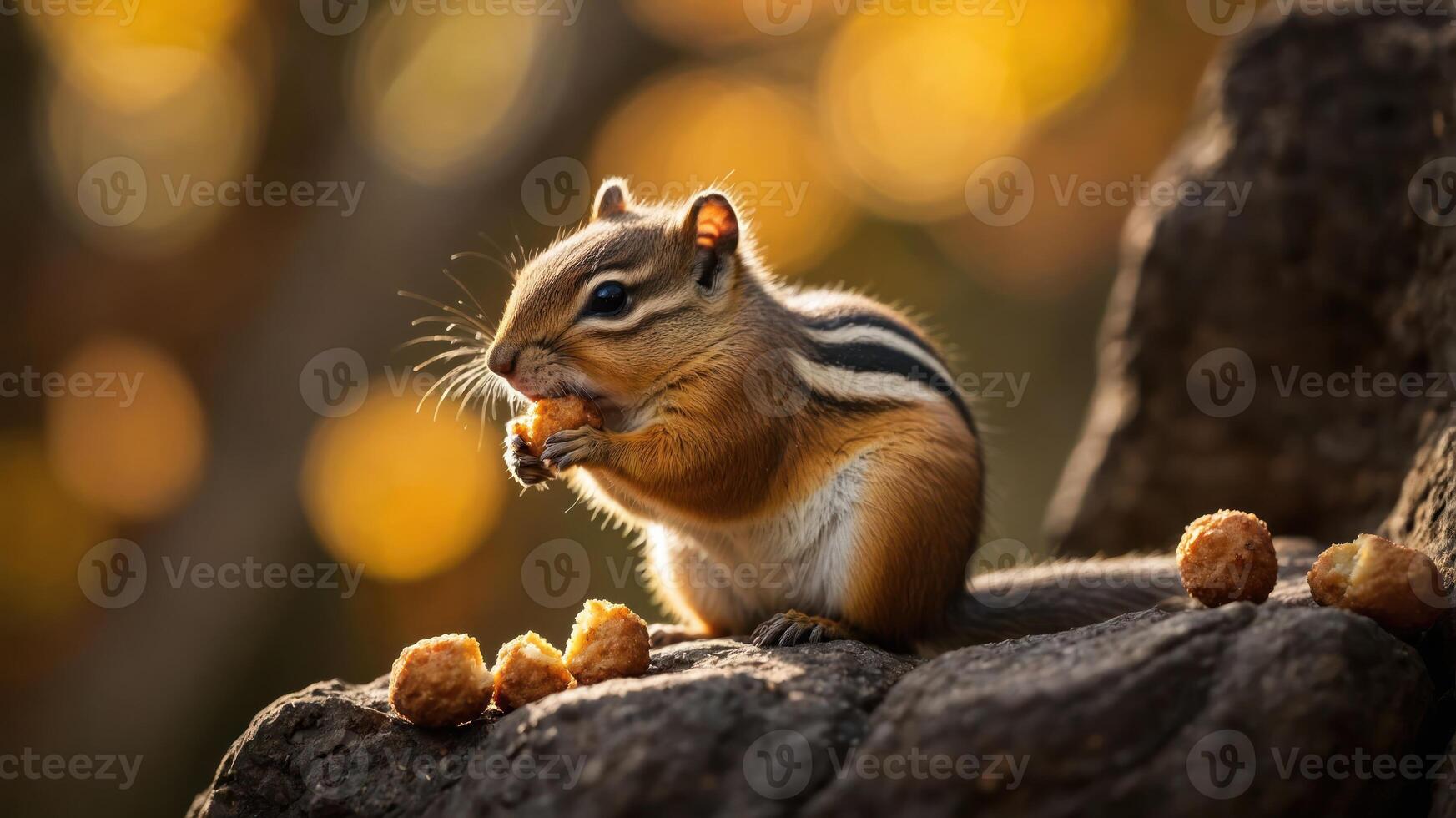 A chipmunk eating a nut on a rock with a blurred, warm background. photo