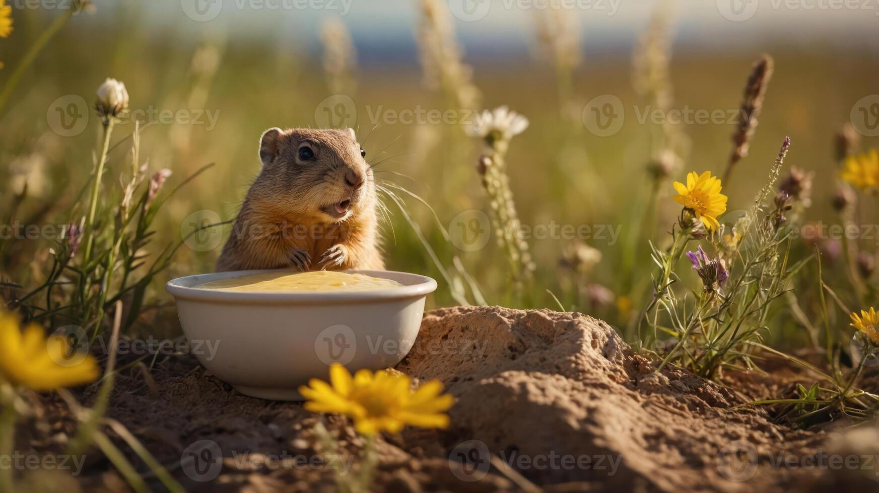 A small animal enjoying a bowl of food in a vibrant, flower-filled landscape. photo