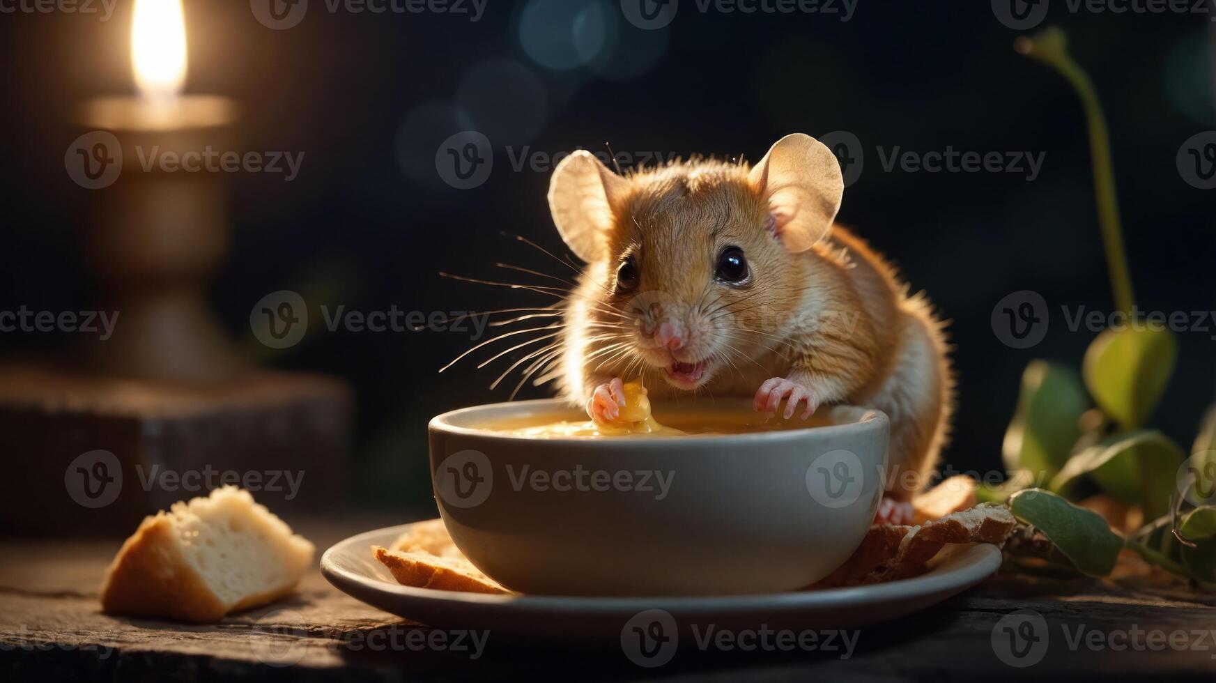 A cute mouse enjoys soup by candlelight, surrounded by bread and a cozy atmosphere. photo