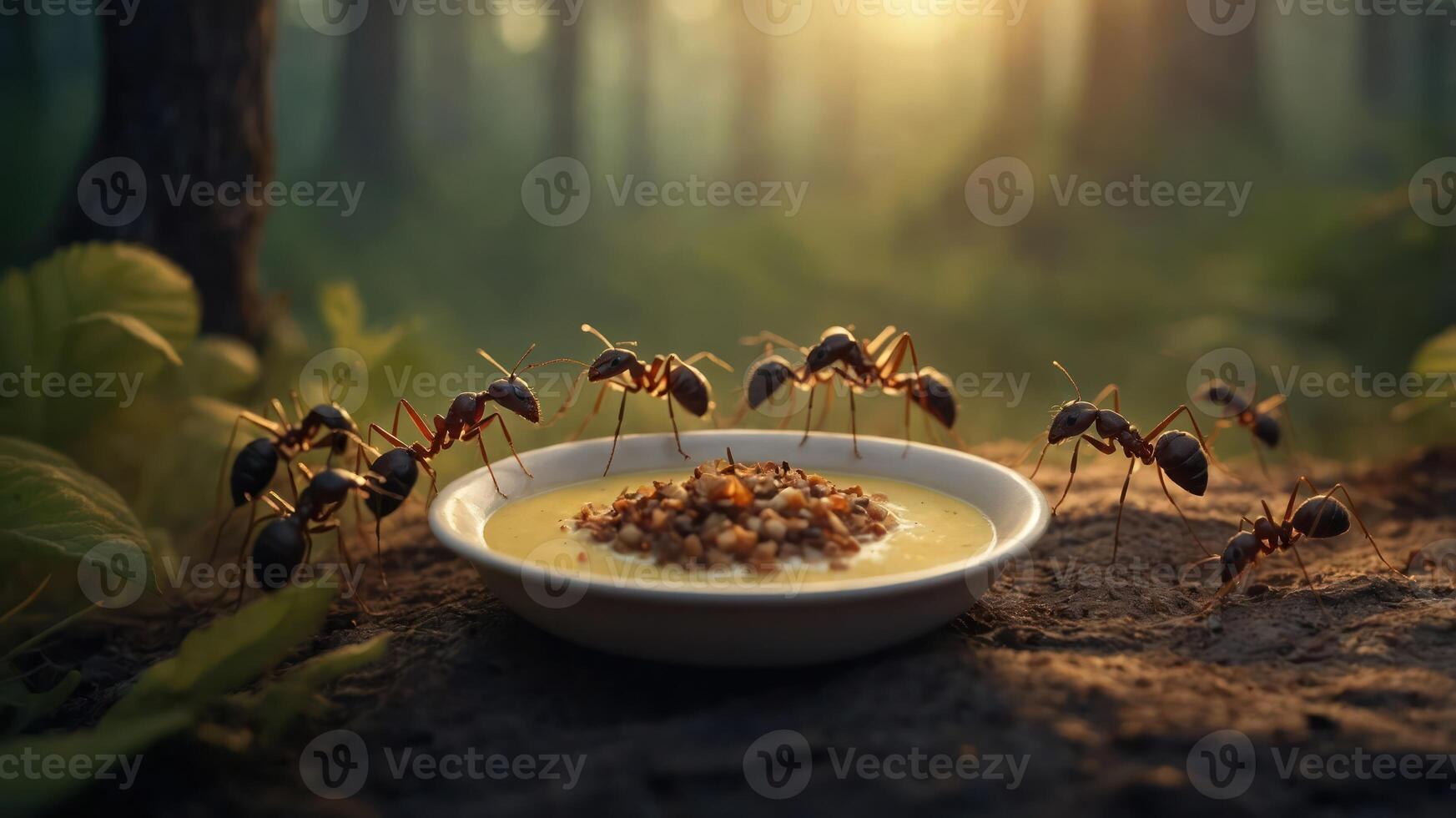 A group of ants gathering around a bowl of food in a forest setting. photo