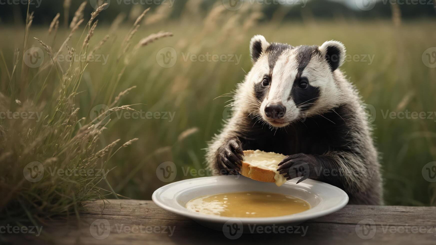 A badger enjoys a slice of bread near a bowl of soup in a grassy field. photo
