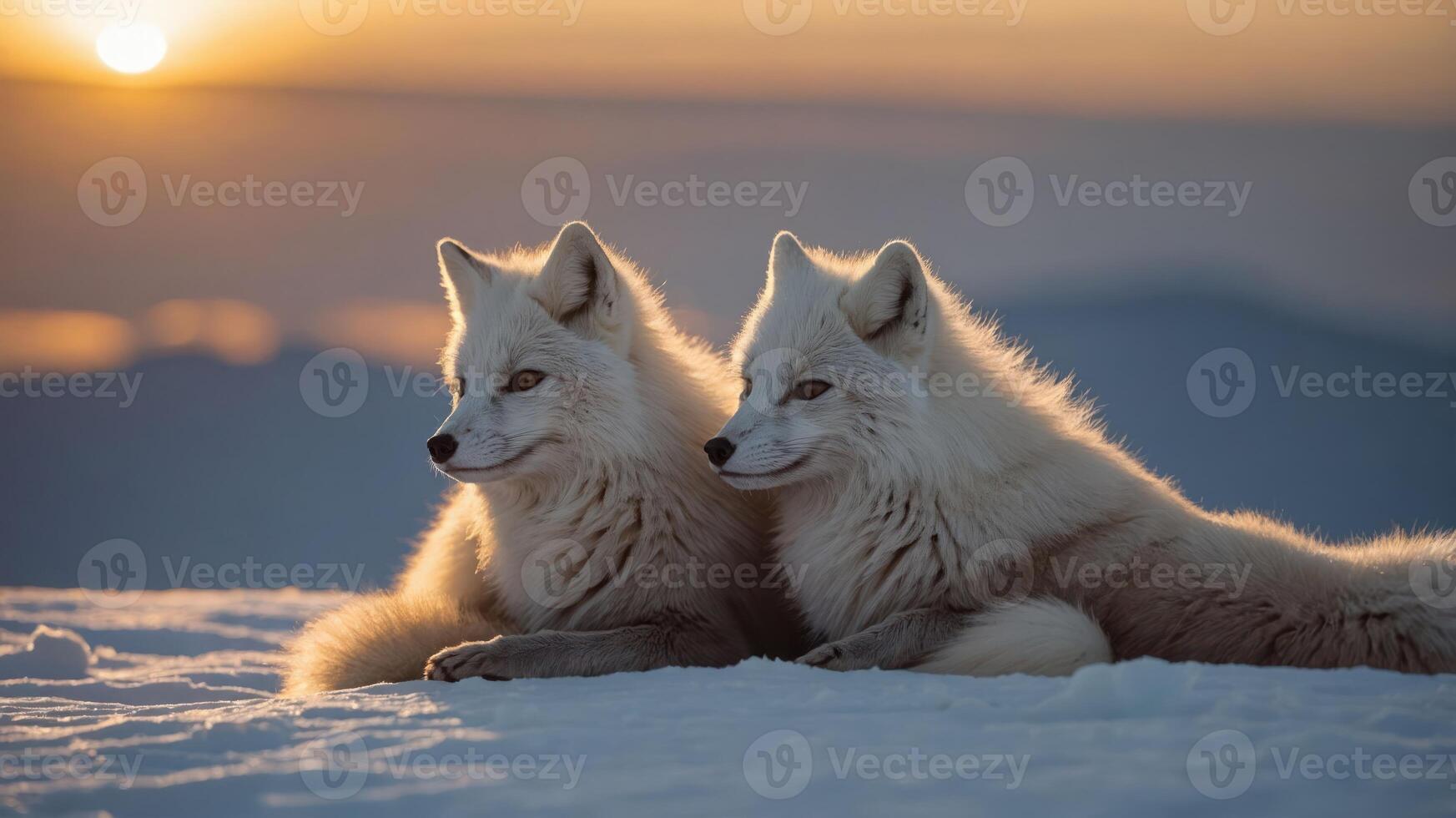 Two arctic foxes resting on snow with a sunset backdrop. photo