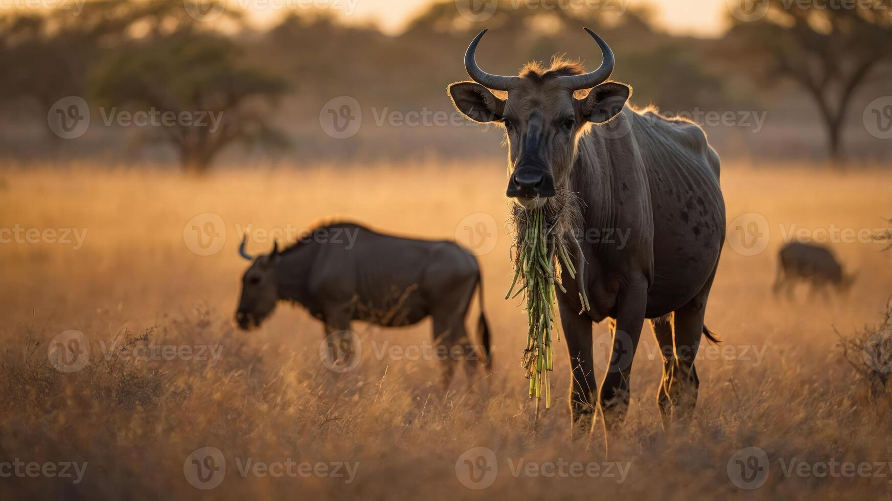 A wildebeest grazing in a golden savanna landscape during sunset. photo