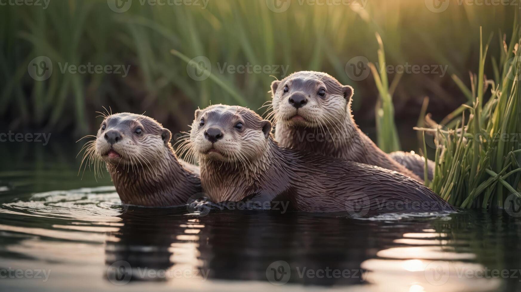 Three otters playfully emerge from a serene water setting, surrounded by lush greenery. photo