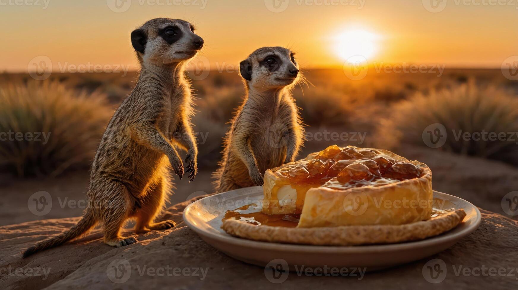 Two meerkats stand by a plate of dessert at sunset in a serene landscape. photo