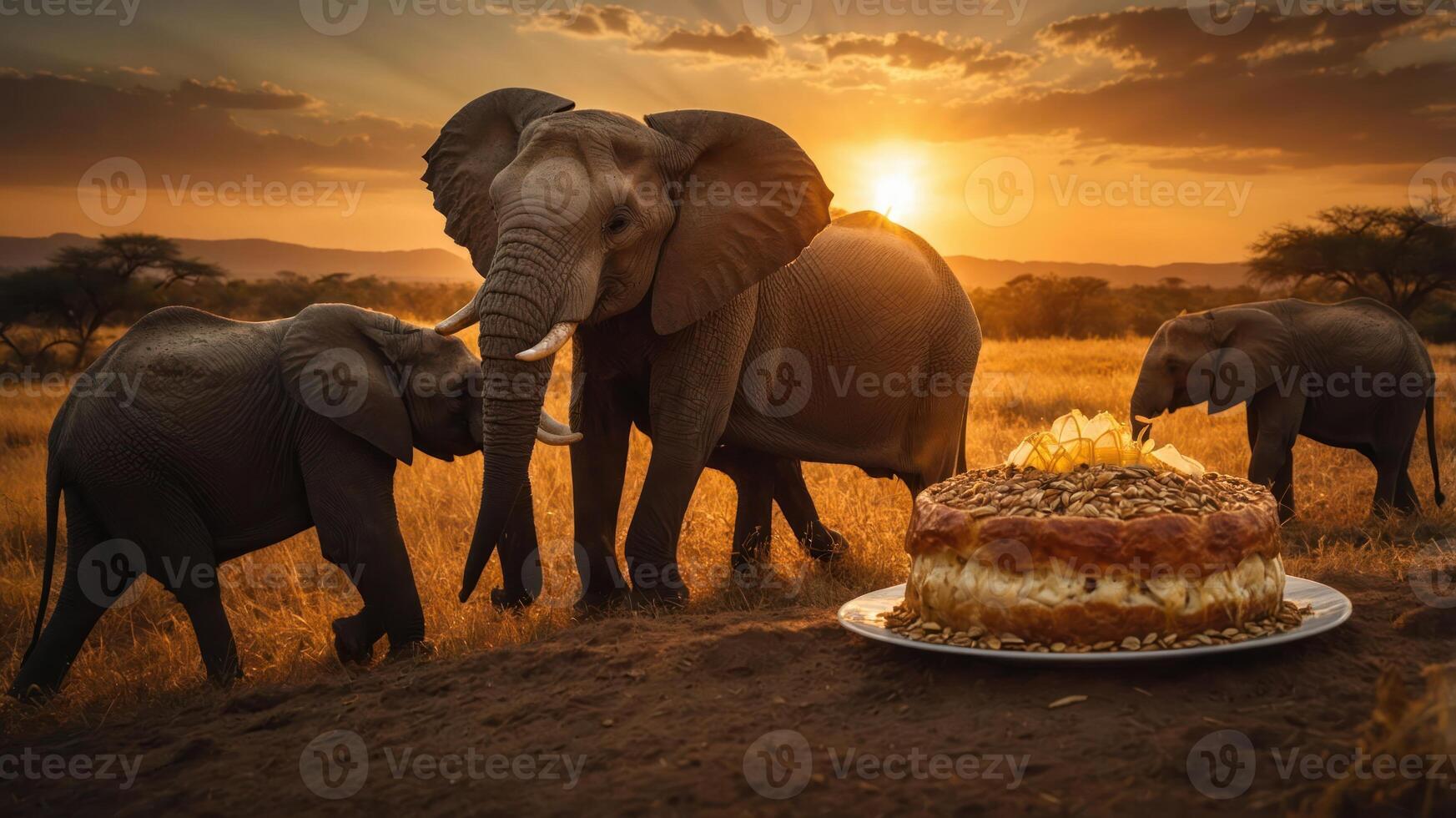 Elephants roam at sunset near a cake, blending nature with a whimsical dessert scene. photo