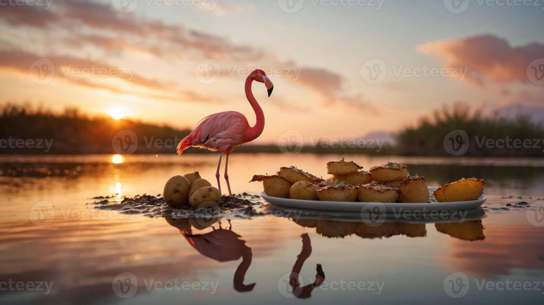 A flamingo beside a plate of pastries at sunset, reflecting on calm water. photo