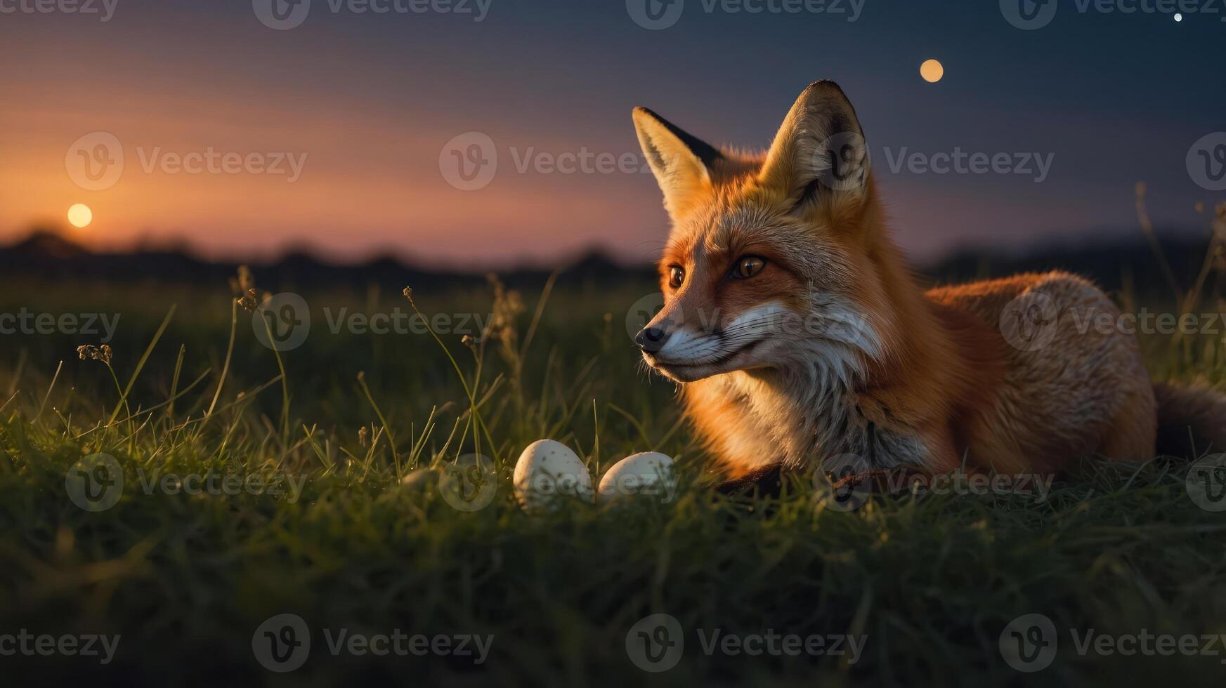 A fox rests beside two eggs during a serene sunset in a grassy field. photo