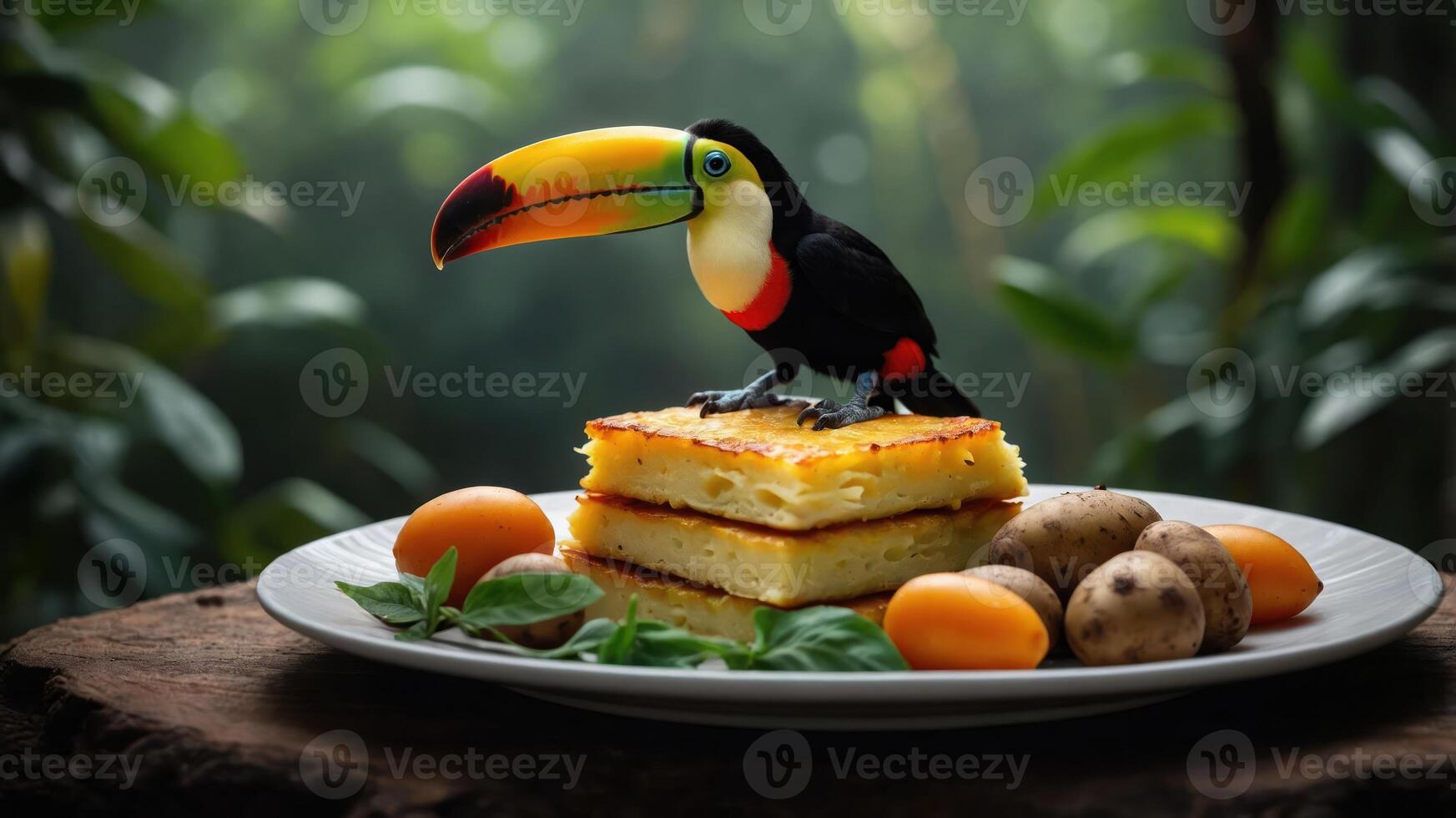 A vibrant toucan perched on a gourmet dish with layered food and fresh ingredients. photo