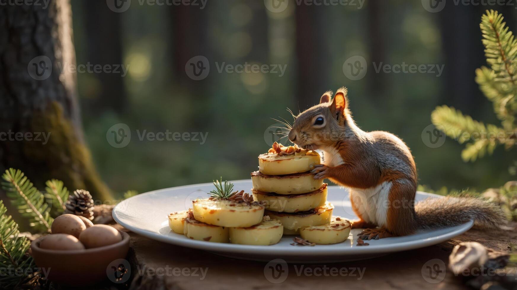 A squirrel enjoying a stack of food in a serene forest setting. photo