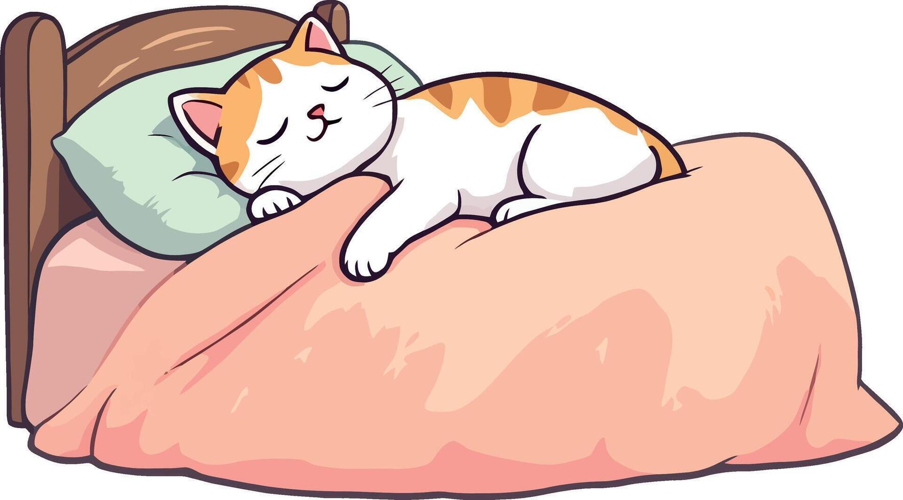 Cute cat sleeping peacefully in bed covered by blanket vector