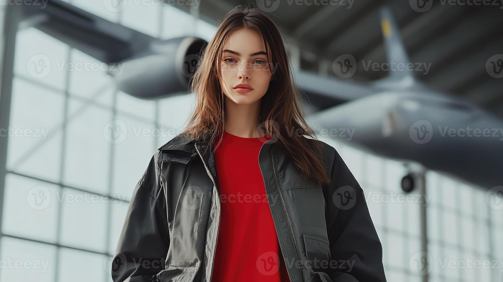 Stylish Female Model in Charcoal Grey Jacket with Calendar Icon photo