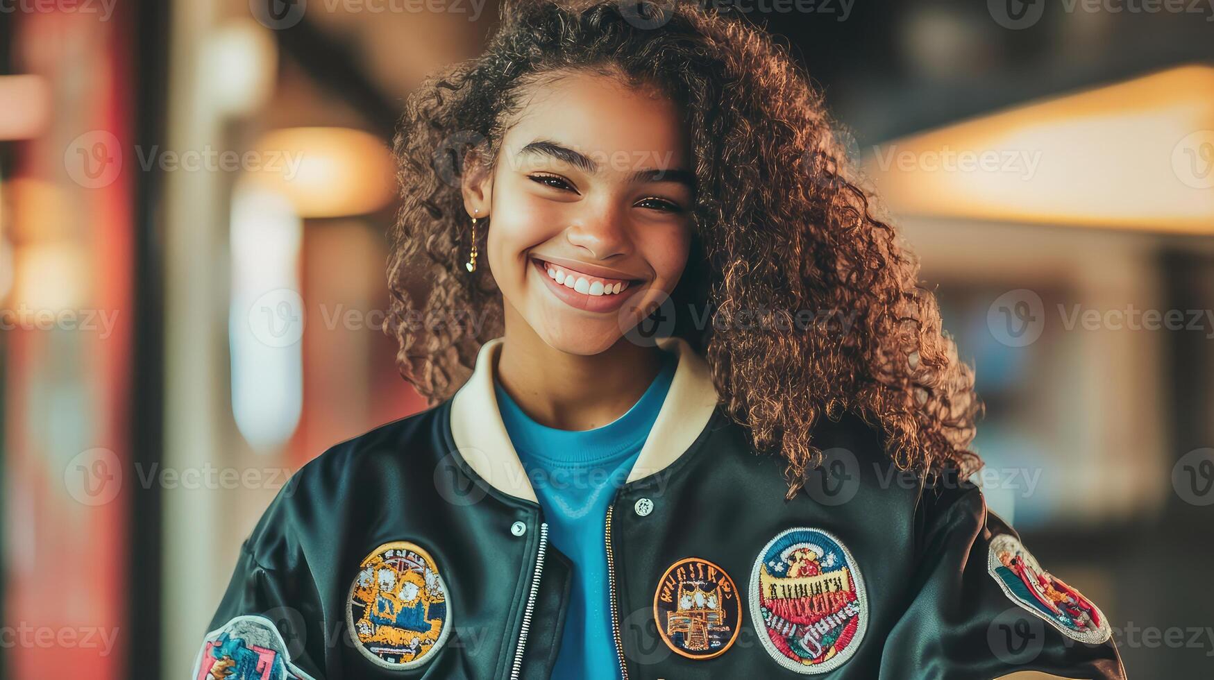Confident Teenager Flaunts Personalized Varsity Jacket with Custom Patches photo