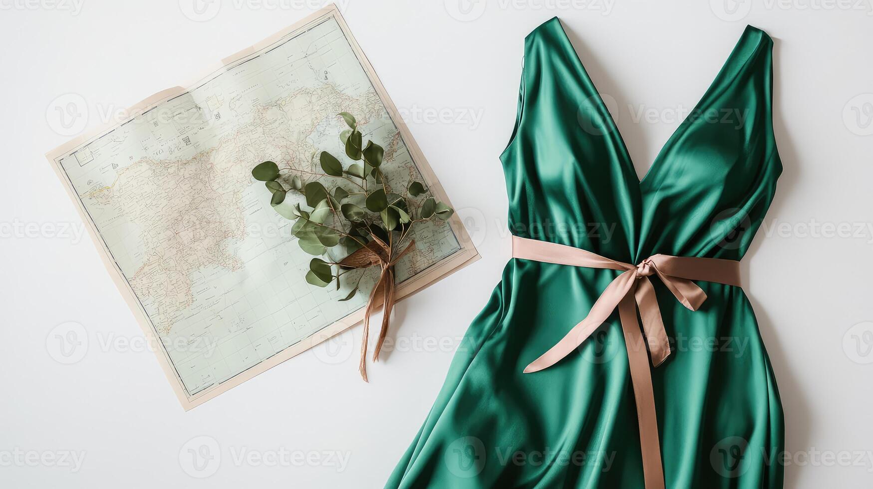 Elegant Emerald Green Nightgown Rests Beside Map Icon photo