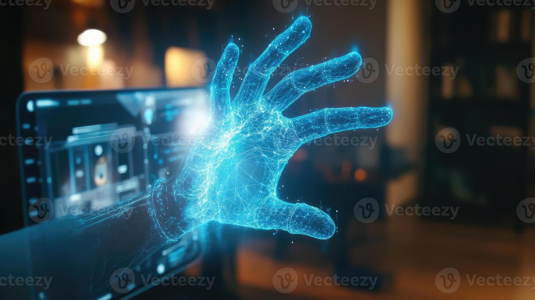 Virtual Assistant Hologram Sparking Illumination on Smart Device Screen photo