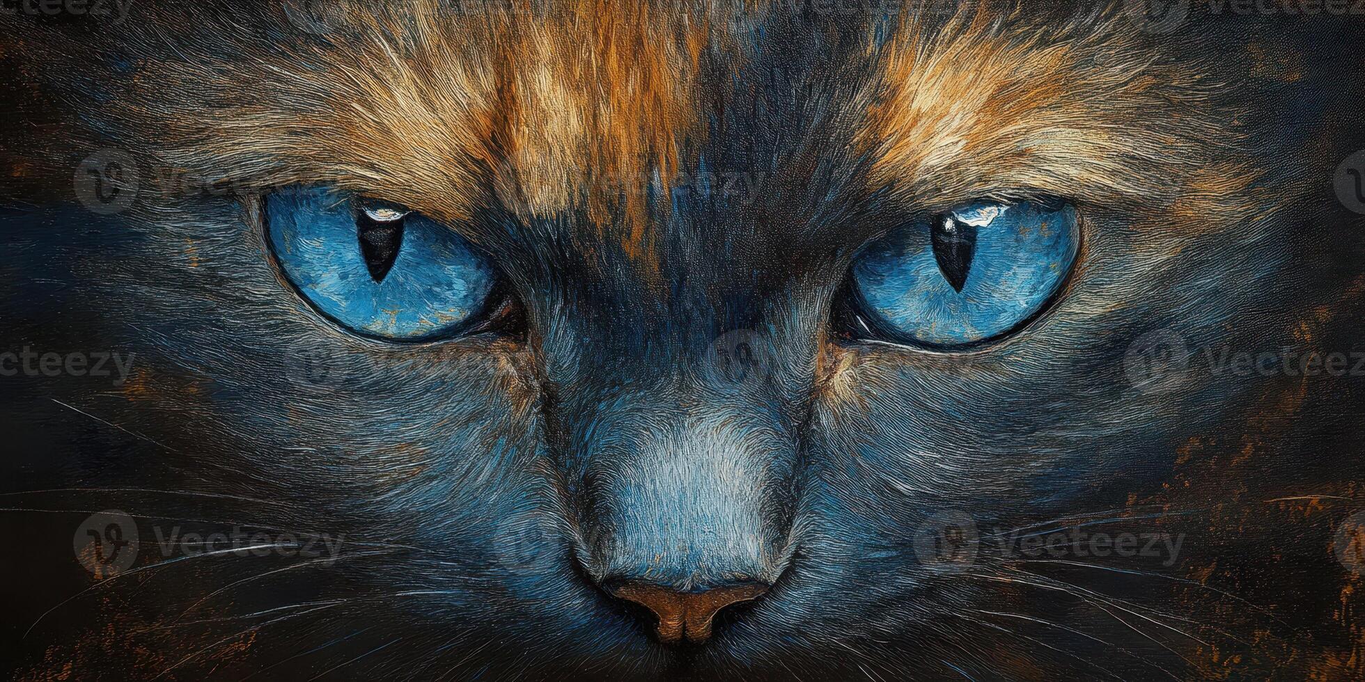 Captivating close-up of a feline with striking blue eyes set against a dark background photo