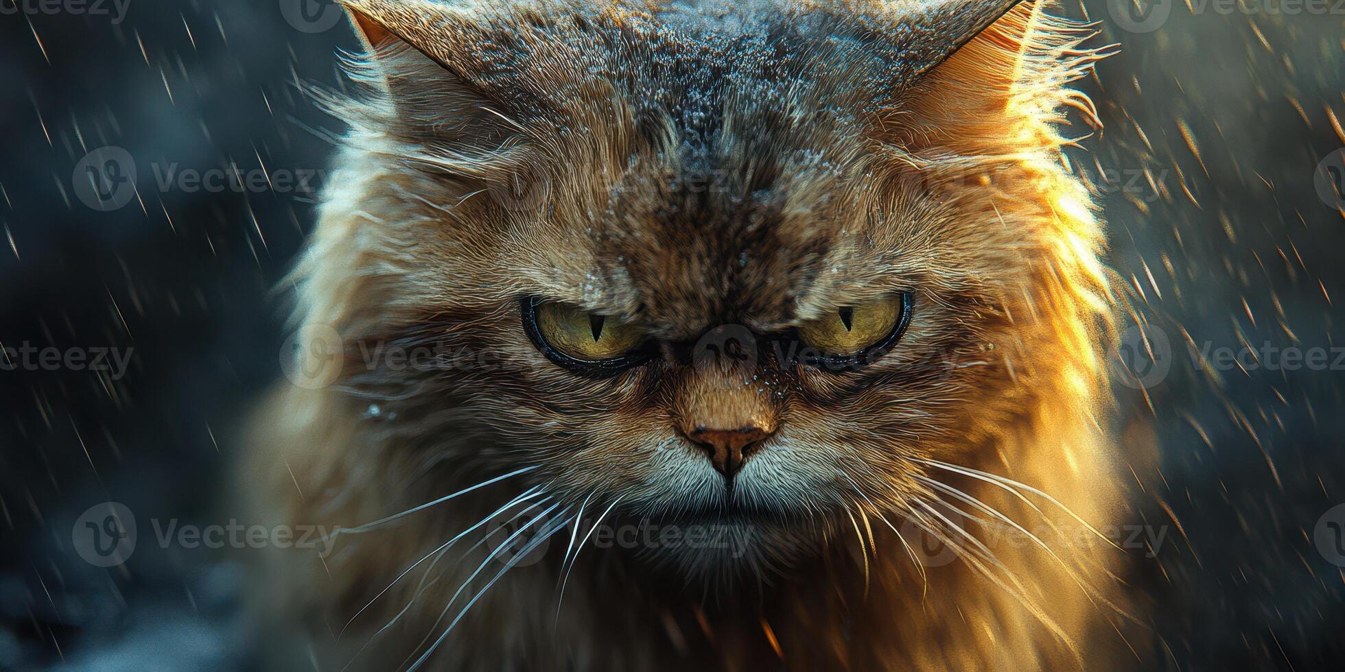 Intense close-up of a Persian cat displaying fierce expression in a moody, atmospheric setting photo