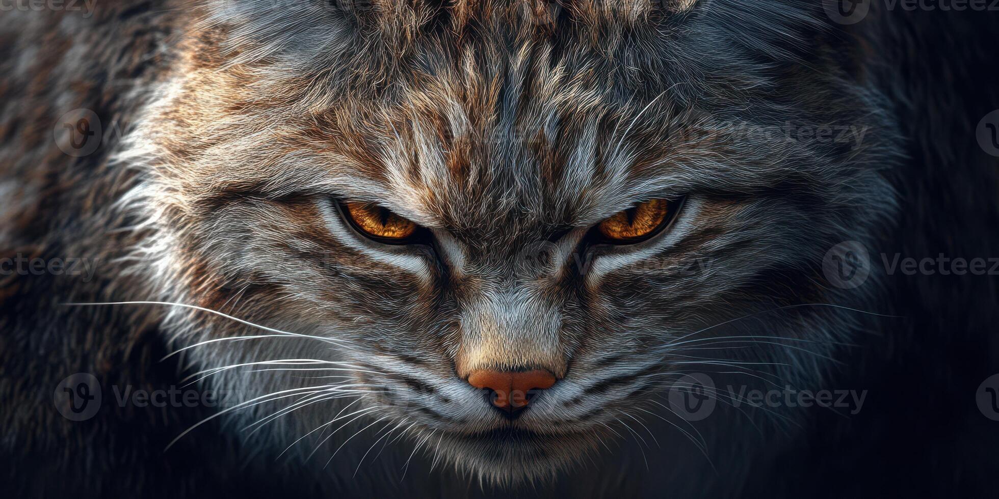 Intense expression of a wild cat showcasing piercing amber eyes in a dramatic close-up portrait photo