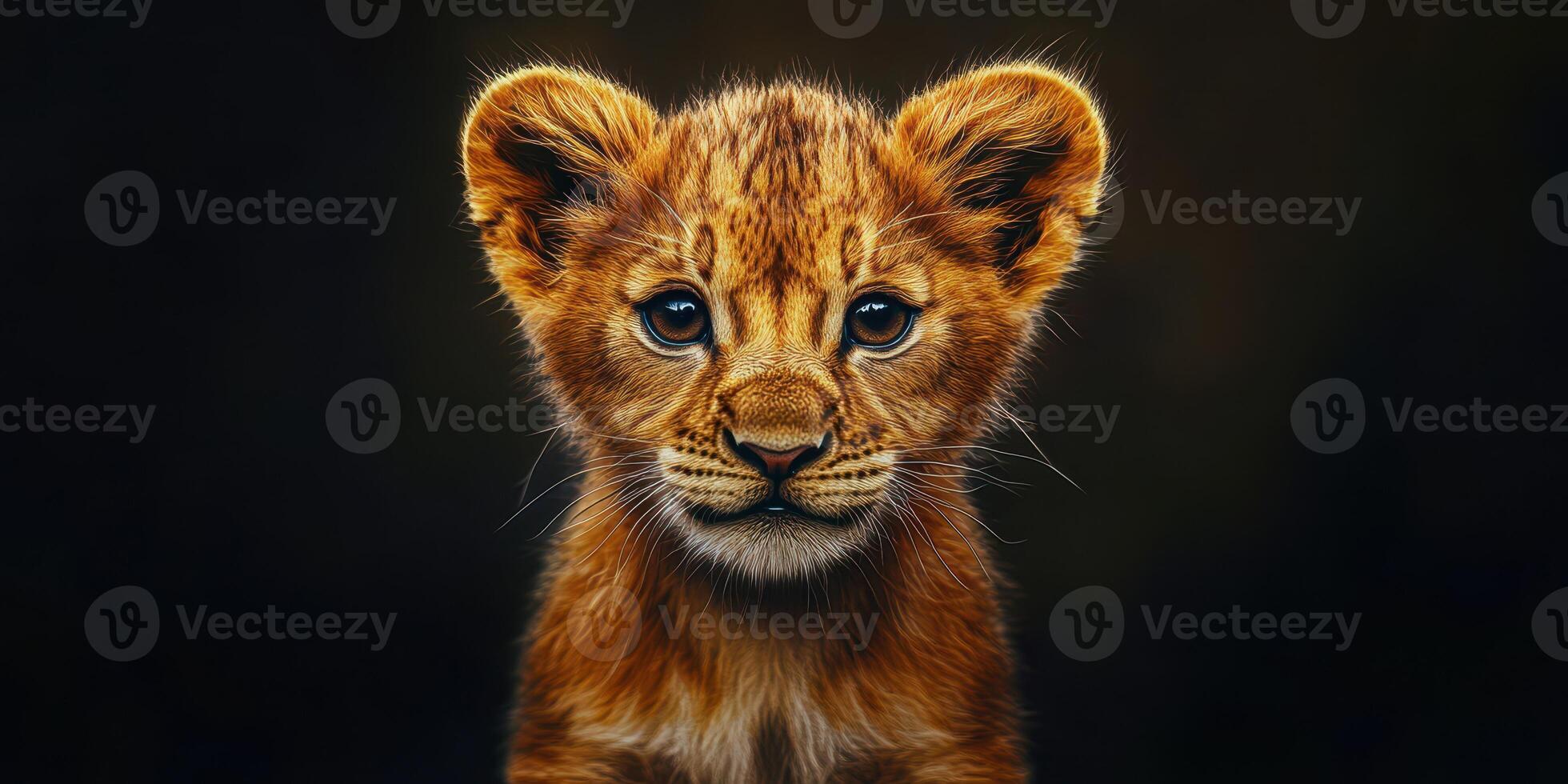 Lion cub gazes curiously with striking expression against a dark background at twilight photo