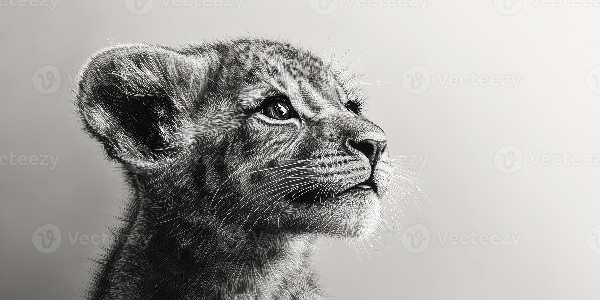 Captivating portrait of a lion cub gazing thoughtfully in monochrome tones photo
