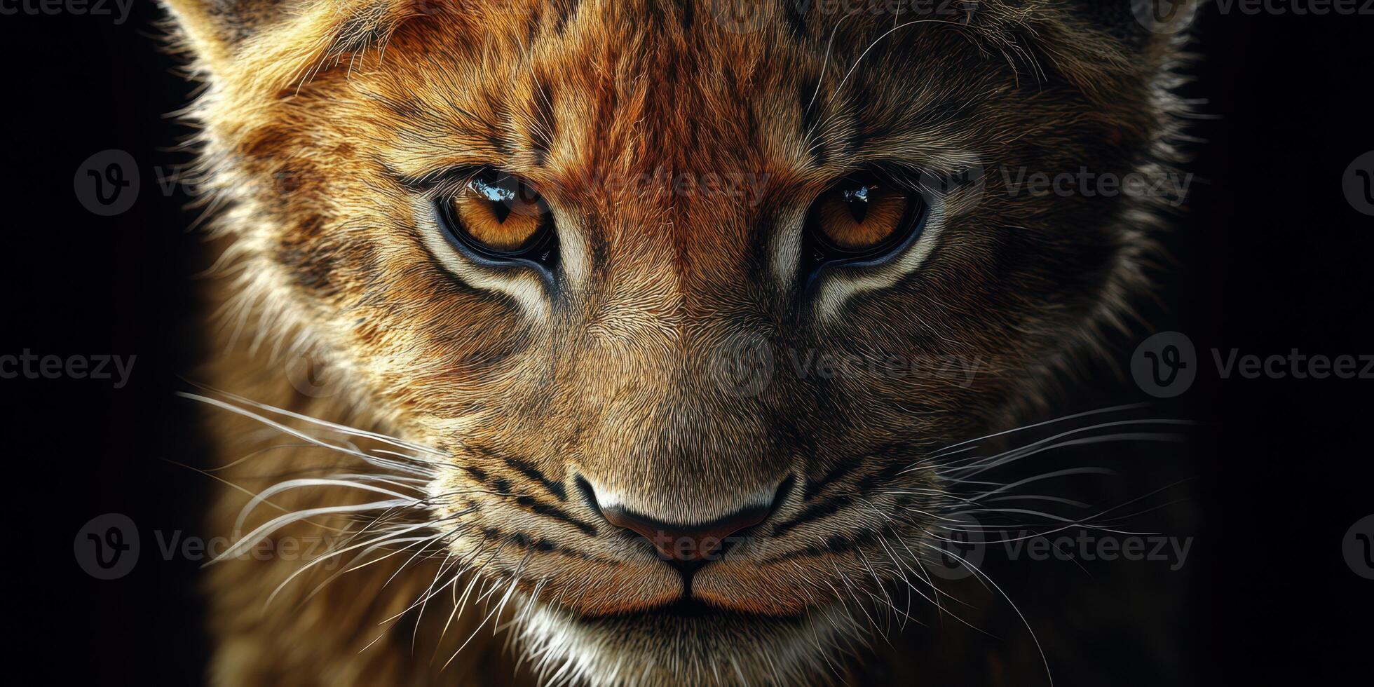 Fierce gaze of a young tiger captured in a dark setting showcasing its intense and powerful expression photo