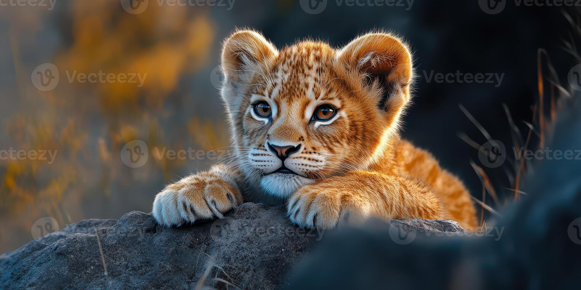Cute lion cub resting on a rock in the golden light of sunset with a blurred natural background photo