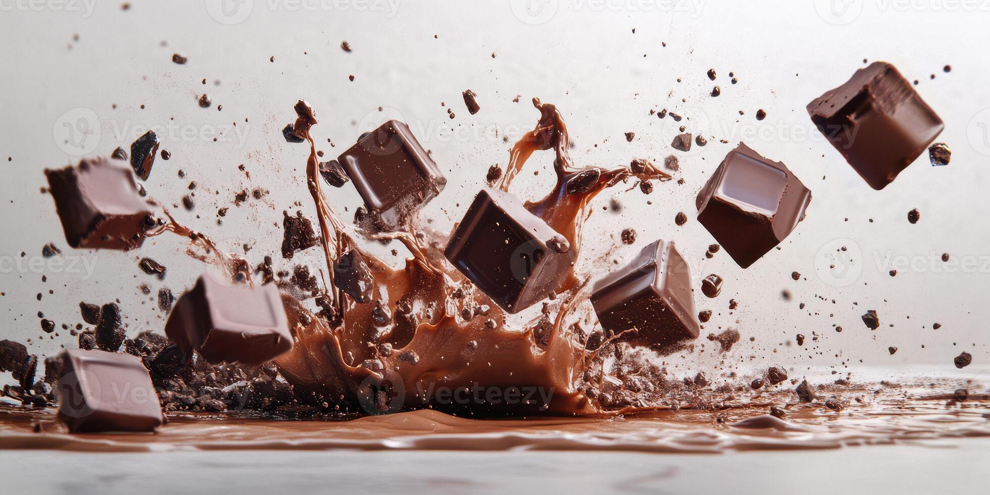 Chocolate cubes splashing into rich chocolate sauce create a dynamic culinary display photo