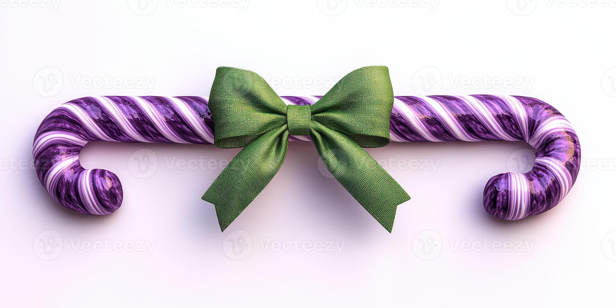 Colorful candy cane with purple and white stripes adorned with a green bow arranged on a plain background photo