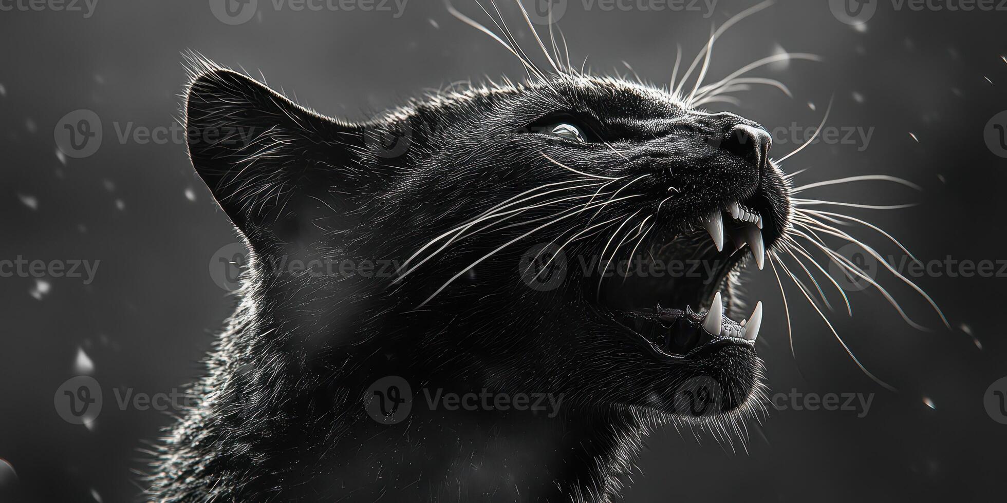 Majestic black panther displaying fierce expression amid shadowy background photo