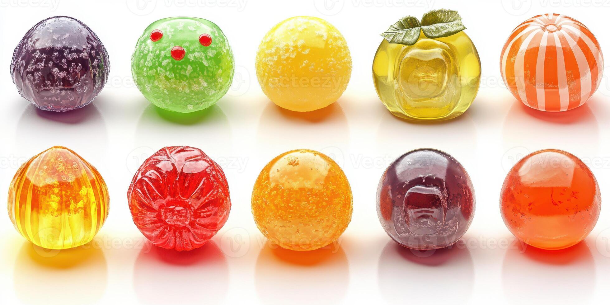 Colorful assortment of assorted candies displayed on a white background in daylight photo