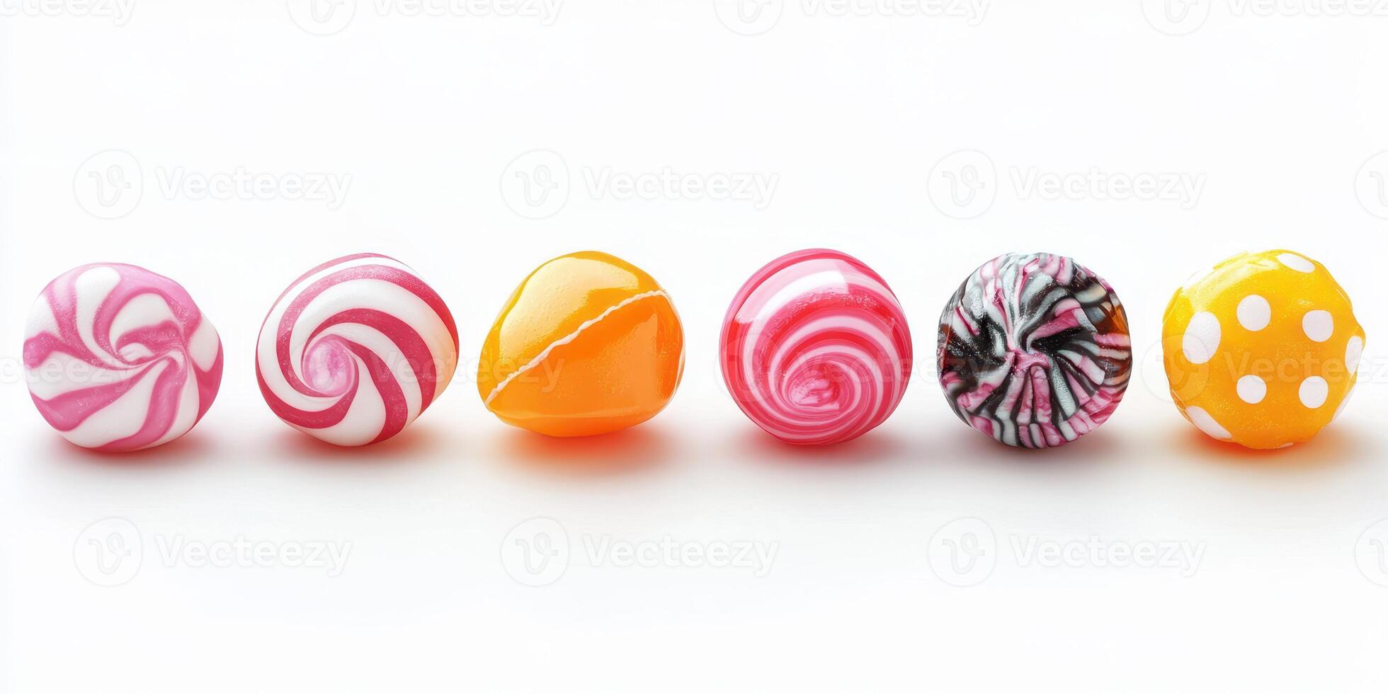Colorful candies in various shapes and designs lined up on a white background photo