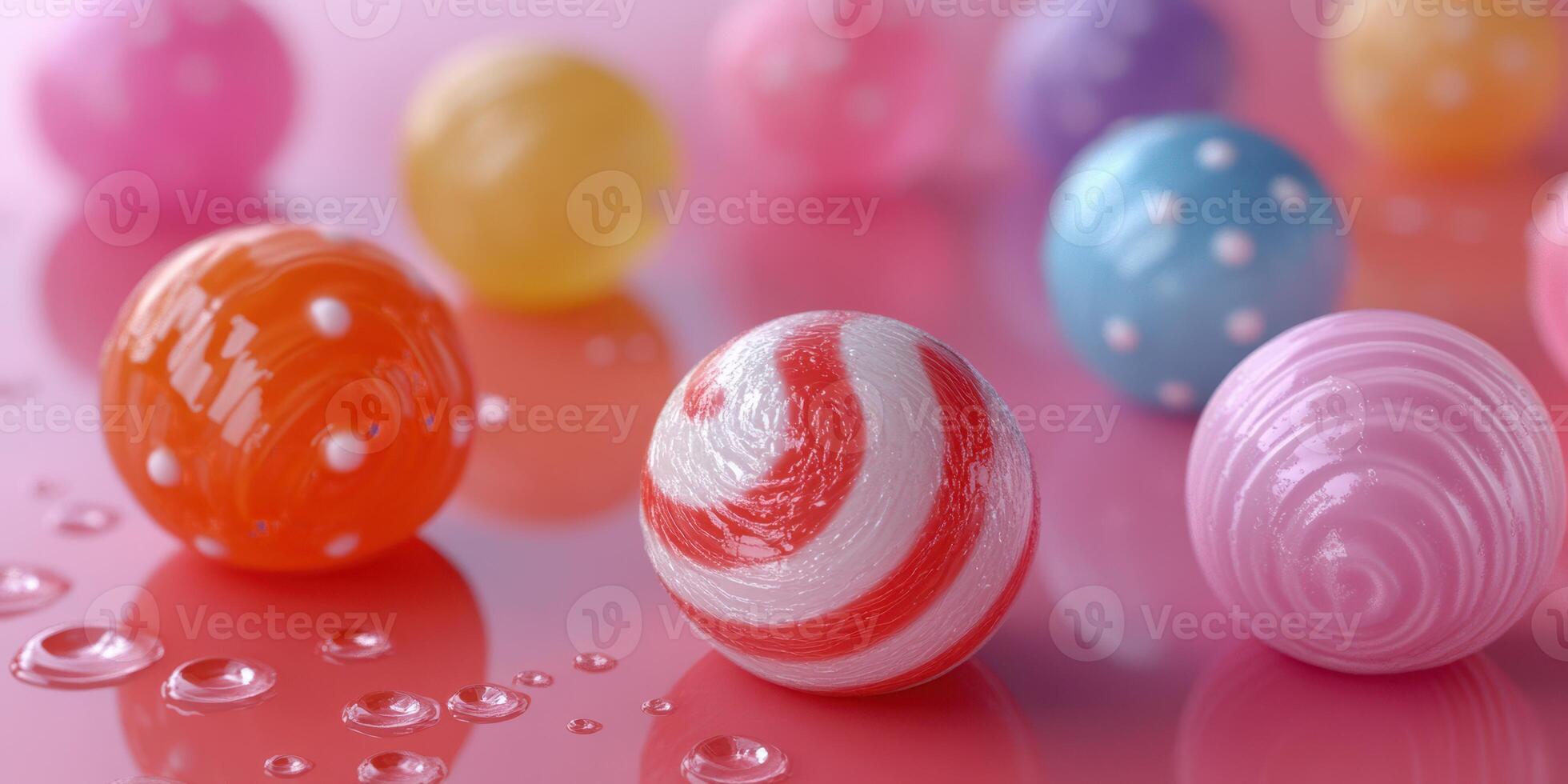 Colorful candy spheres on a shiny surface reflecting soft light in a playful arrangement photo