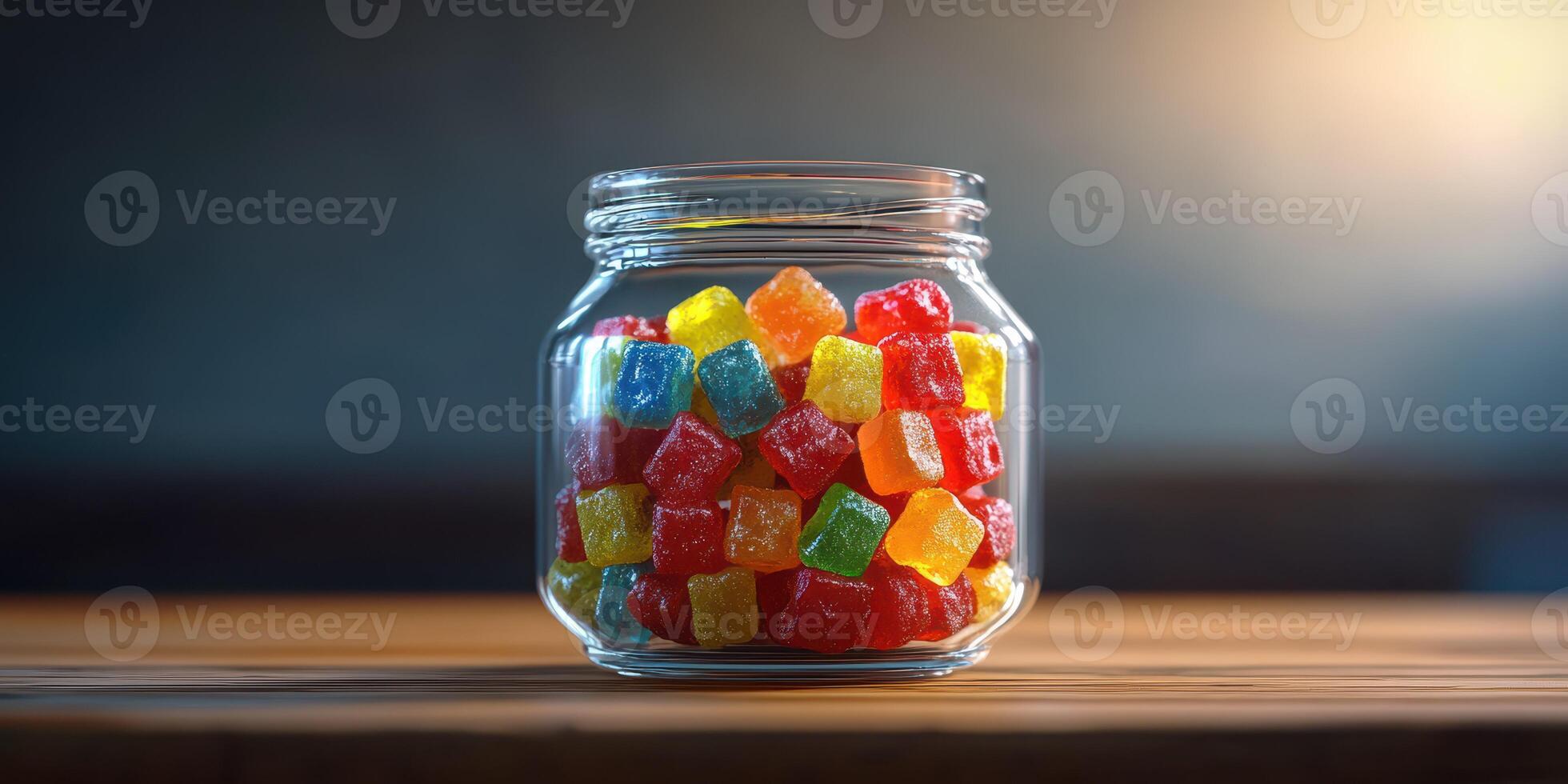 Colorful gummy candies displayed in a glass jar on a wooden table with soft lighting photo