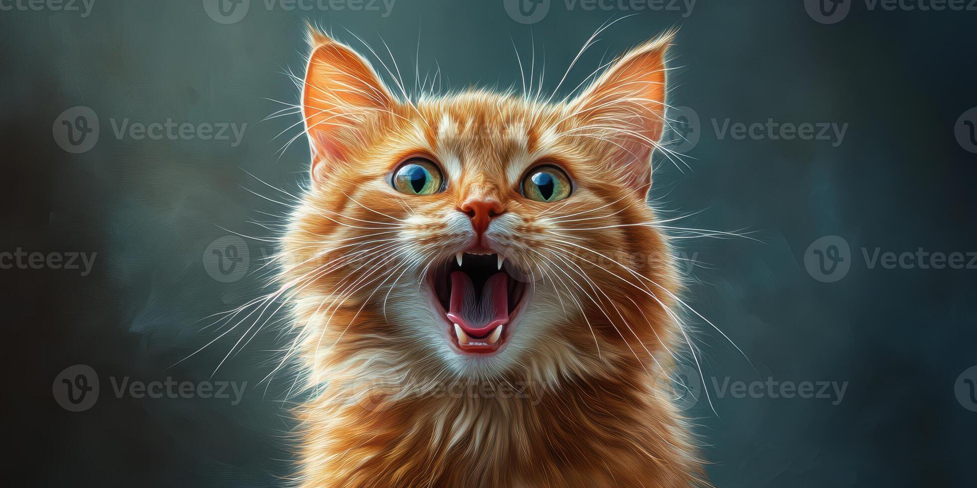 Ginger cat with wide-open mouth displaying excitement or surprise in a soft-focused background photo