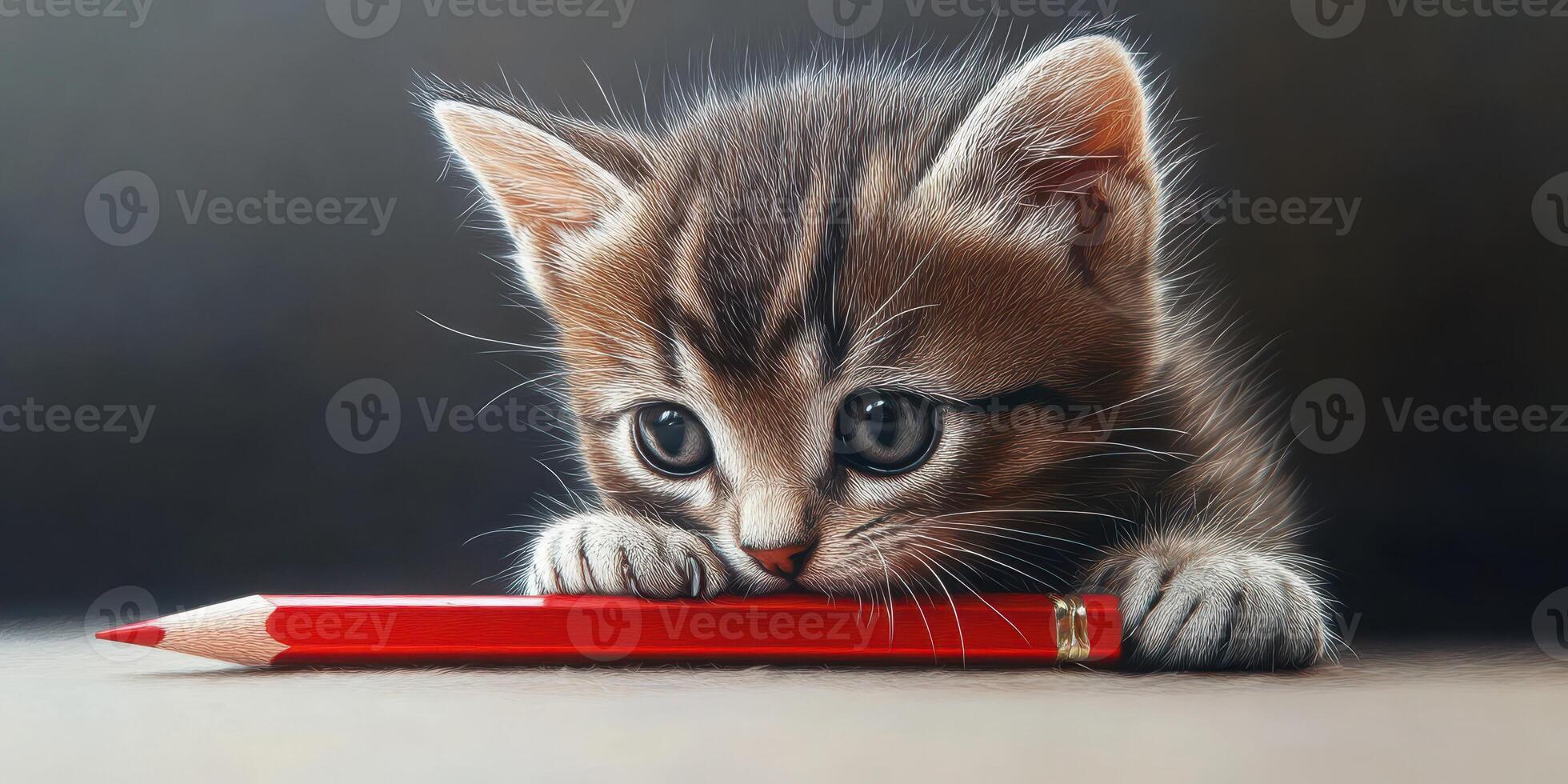 Curious kitten engages with a red pencil on a smooth surface in a cozy, softly lit indoor setting photo
