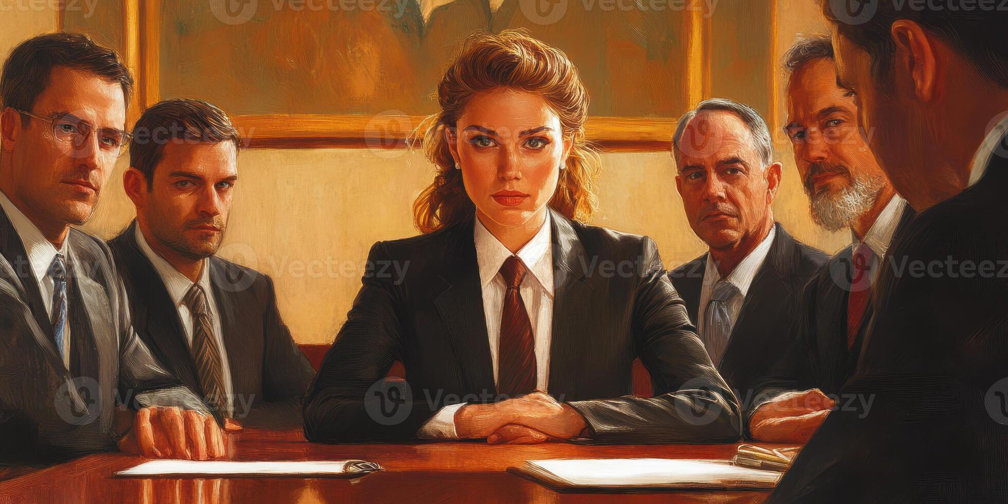 Professionals engaged in a serious discussion during a business meeting in a formal setting photo