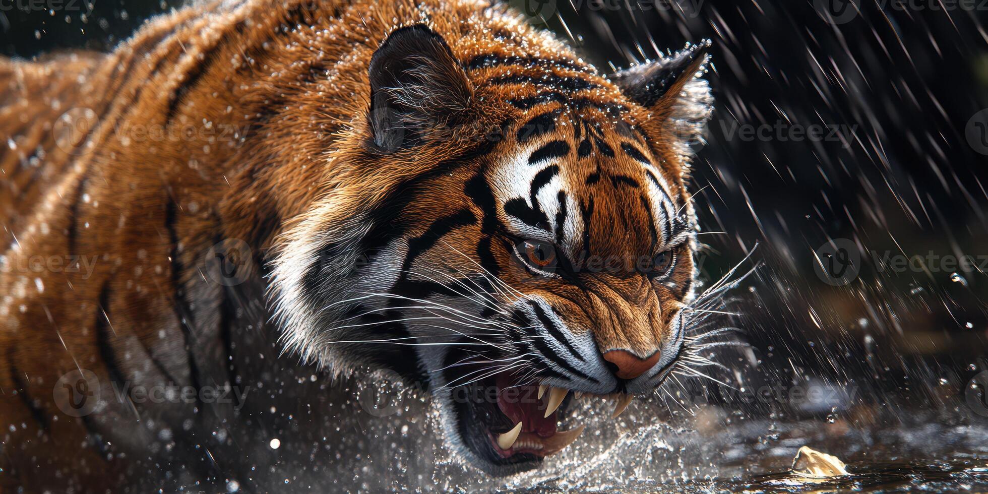 Fierce tiger prowls through heavy rain in a dense forest environment, showcasing strength and agility photo