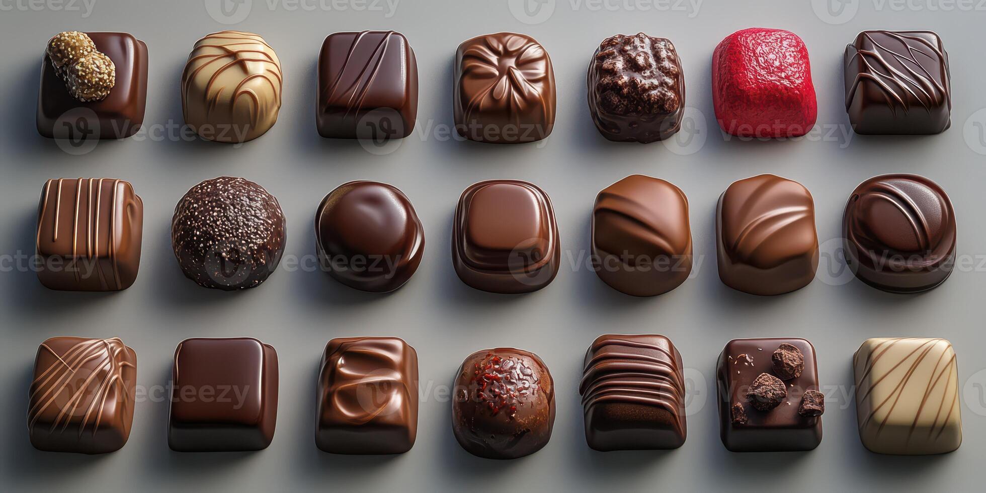 Assorted gourmet chocolates displayed on a gray surface in an elegant arrangement showcasing various textures and flavors photo