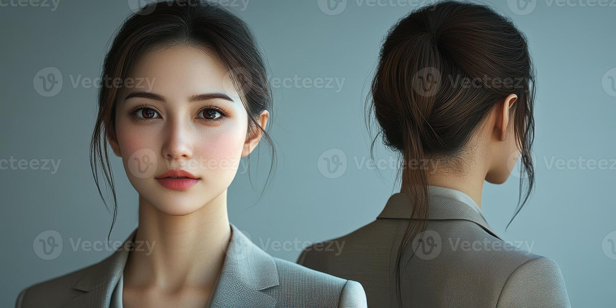 Young businesswoman in a gray suit presenting a professional and confident look from multiple angles in a studio setting photo
