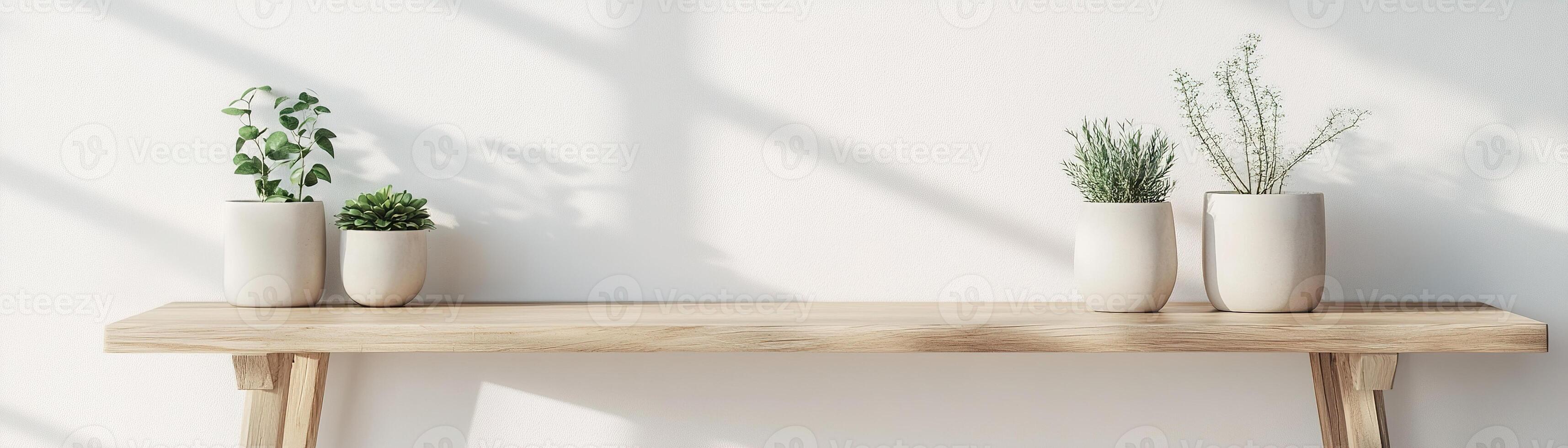 This setup features a reclaimed wooden table styled minimally with small potted plants in ceramic pots. It enhances the serene ambiance against a clean white backdrop, ideal for text overlay photo