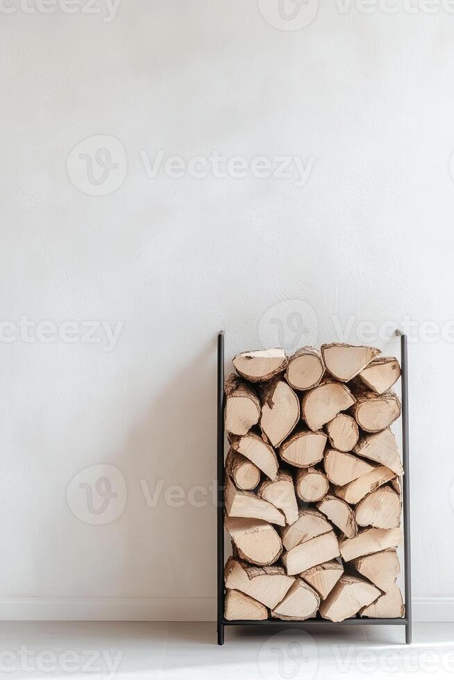 A stack of firewood is neatly organized within a black metal holder, positioned beside a white wall. The setting combines rustic warmth with a modern aesthetic, offering ample space for text photo