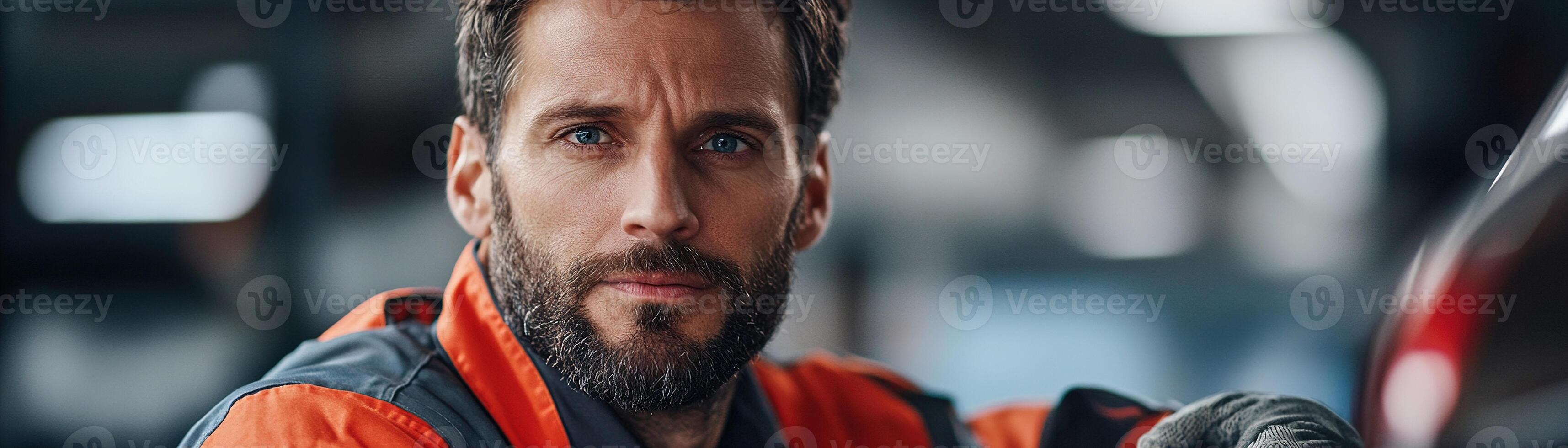 A mechanic leans casually against a car, wearing a uniform and gloves, with a slight smile in a bright workshop setting. The background is subtly blurred, creating a modern and relatable atmosphere photo