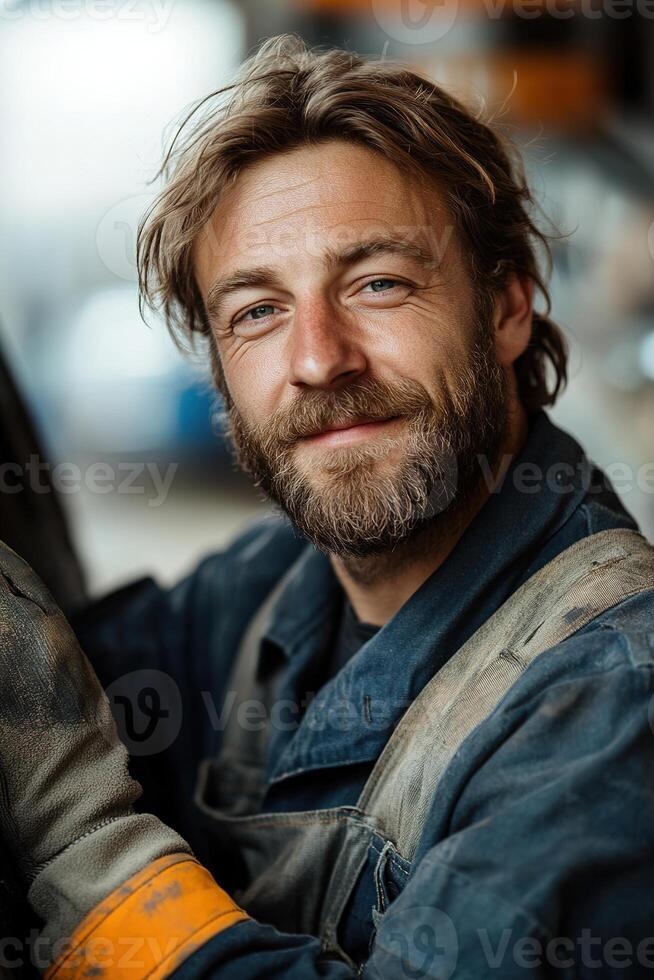 A mechanic stands casually against a vehicle, wearing a uniform and gloves, smiling subtly in a bright workshop. The background is softly blurred, creating a modern, relatable atmosphere photo