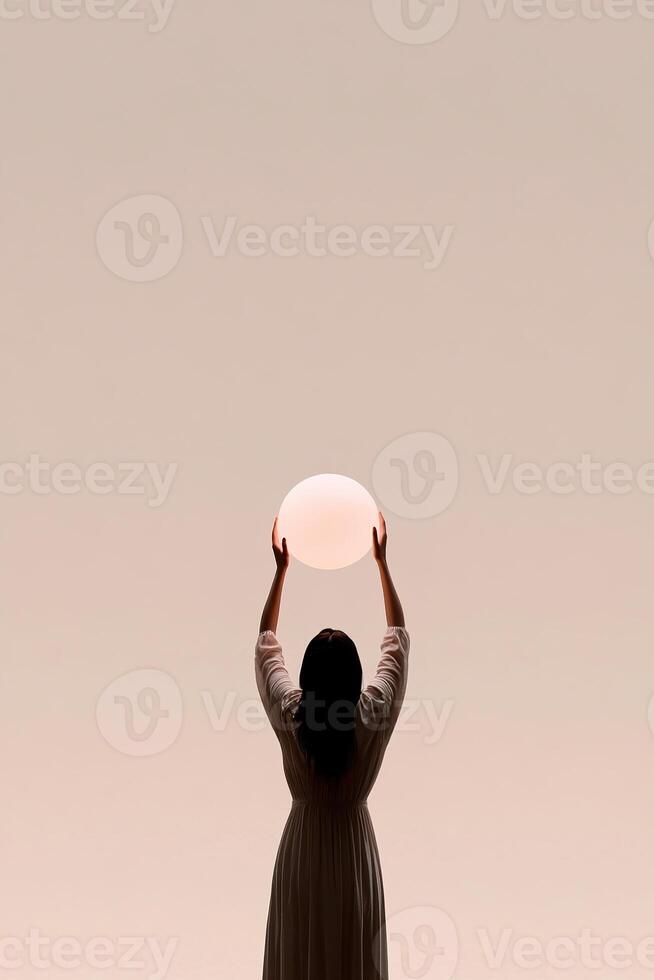 Silhouette of a confident woman lifts a glowing globe above her head amidst subtle rays of light on a neutral gradient background, symbolizing empowerment and potential photo