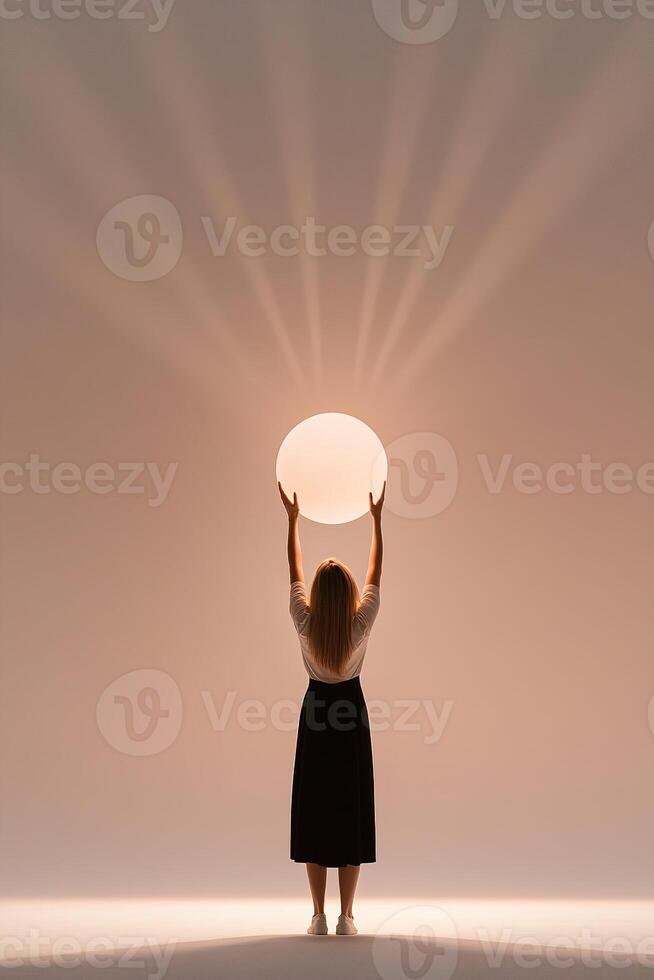 A confident woman raises a glowing orb above her head, surrounded by soft rays of light on a neutral gradient background. This powerful moment reflects strength and inspiration photo