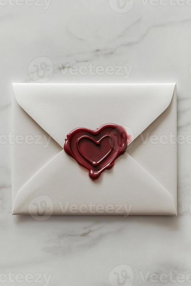 This classy envelope features a red wax seal shaped like a heart, set against a simple white background. Ideal for love letters, invitations, or special notes, it exudes sophistication photo
