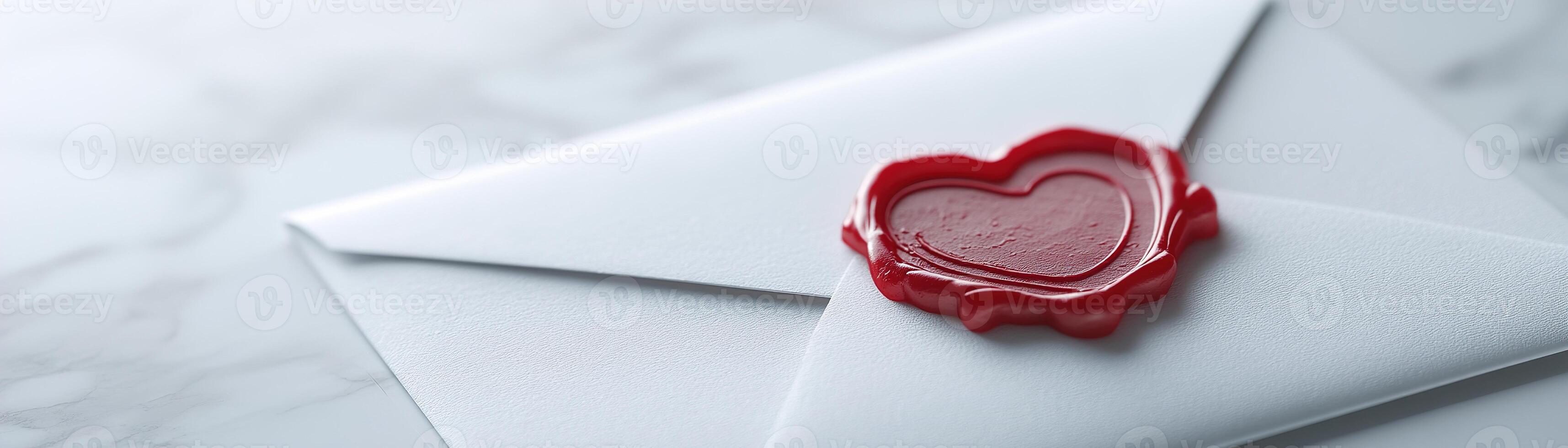 Sealed with a charming heart-shaped red wax stamp, this elegant envelope rests on a clean white background, perfect for sending romantic messages or special invitations photo