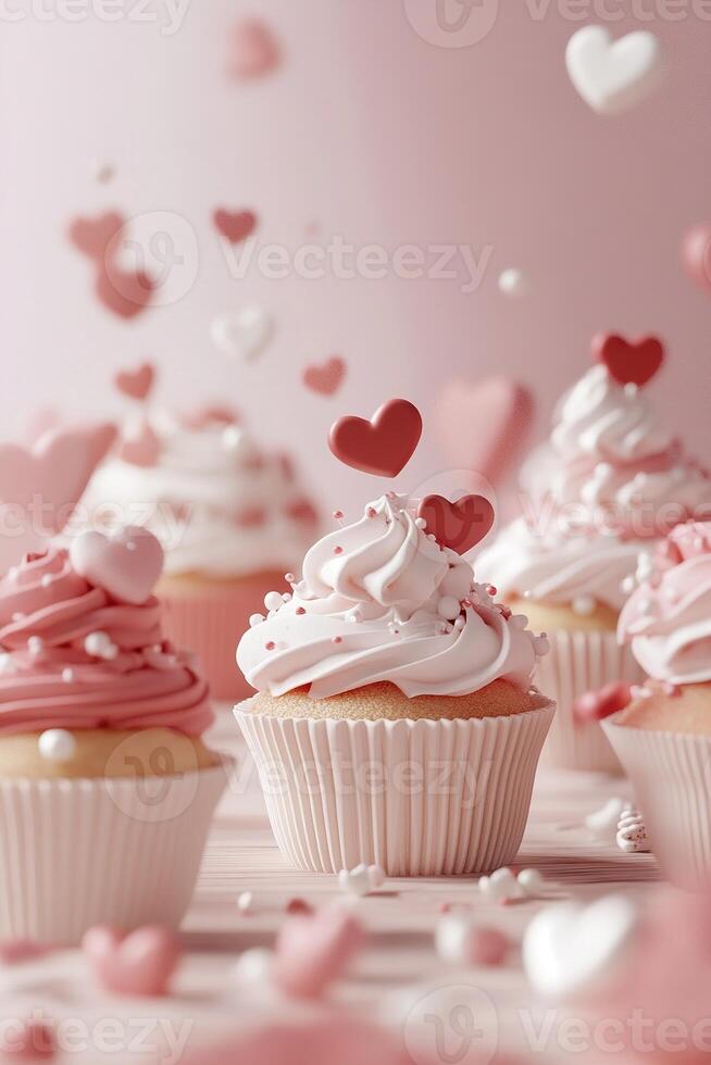 A charming arrangement of cupcakes features swirling pink, red, and white frosting. Each treat is adorned with heart-shaped decorations, set against a soft pastel gradient backdrop photo