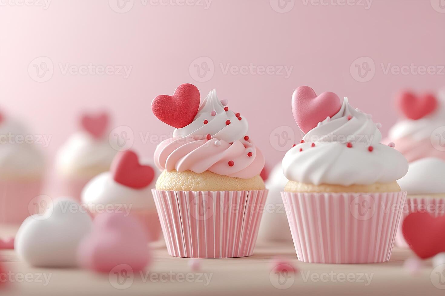 Cupcakes with swirls of pink, red, and white frosting sit on a wooden table. Edible heart-shaped decorations create a playful atmosphere against a soft pastel gradient background photo