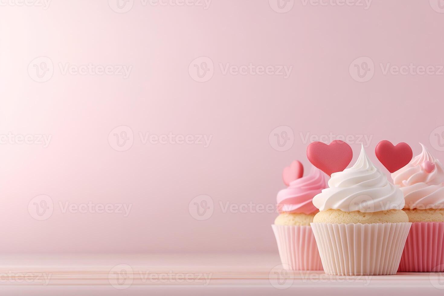 Colorful cupcakes with swirls of pink, red, and white frosting are arranged on a wooden table. They feature heart-shaped decorations and are set against a soft pastel gradient background photo